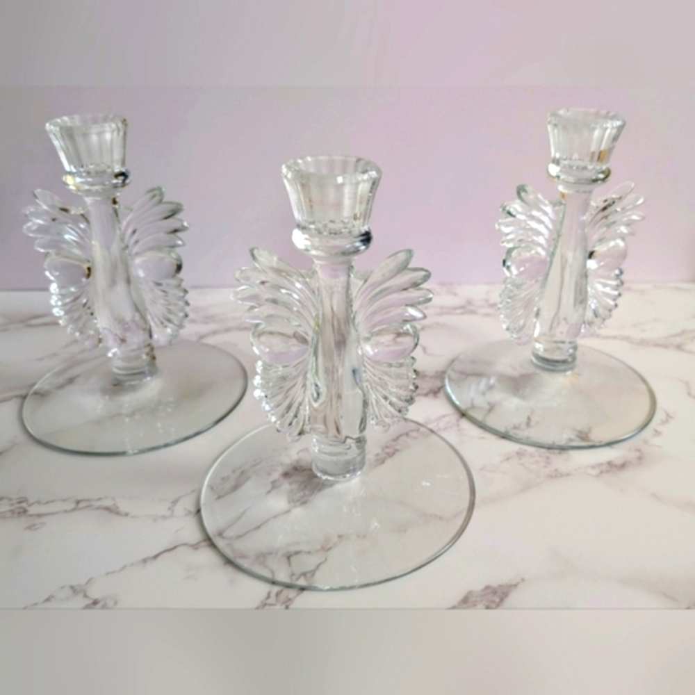 Vintage Candle Holder Tiara Glass Angel Wing Set of 3 Clear Glass Taper Holders